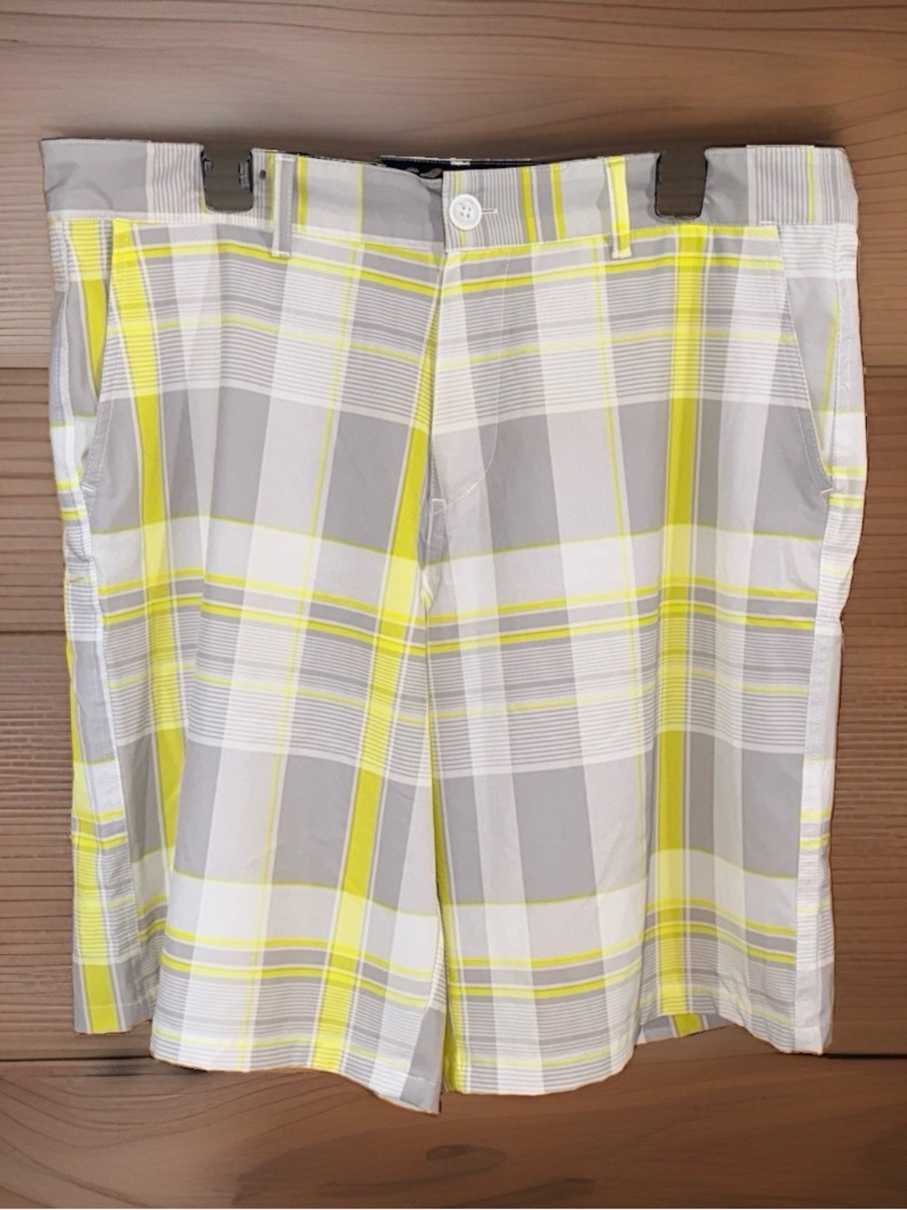OP Men’s OPFlex Plaid Flat Front Shorts - Yellow & Gray-36”x11”-EC